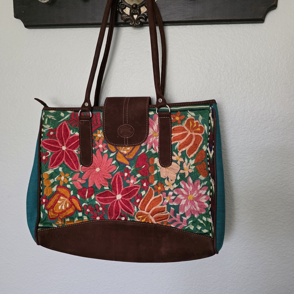 Source Unknown Floral Embroidered Tote - Brown and Multicolor